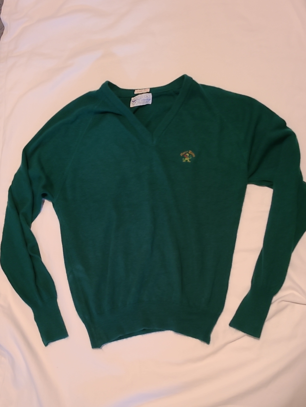 Vintage Nore Dame V Neck Sweater, Size Large, Green Logo University Pickering